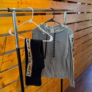 PINK Victoria's Secret Gray and Black Sequin Hoodie Set